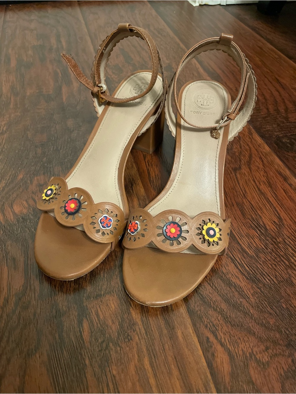 Tory Burch Tan Leather Floral Appliqué Block Heel Sandals